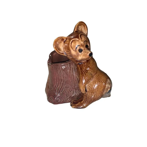 Vintage Brown Bear & Tree Stump Ceramic Spoon Holder flower vase - Picture 2 of 10